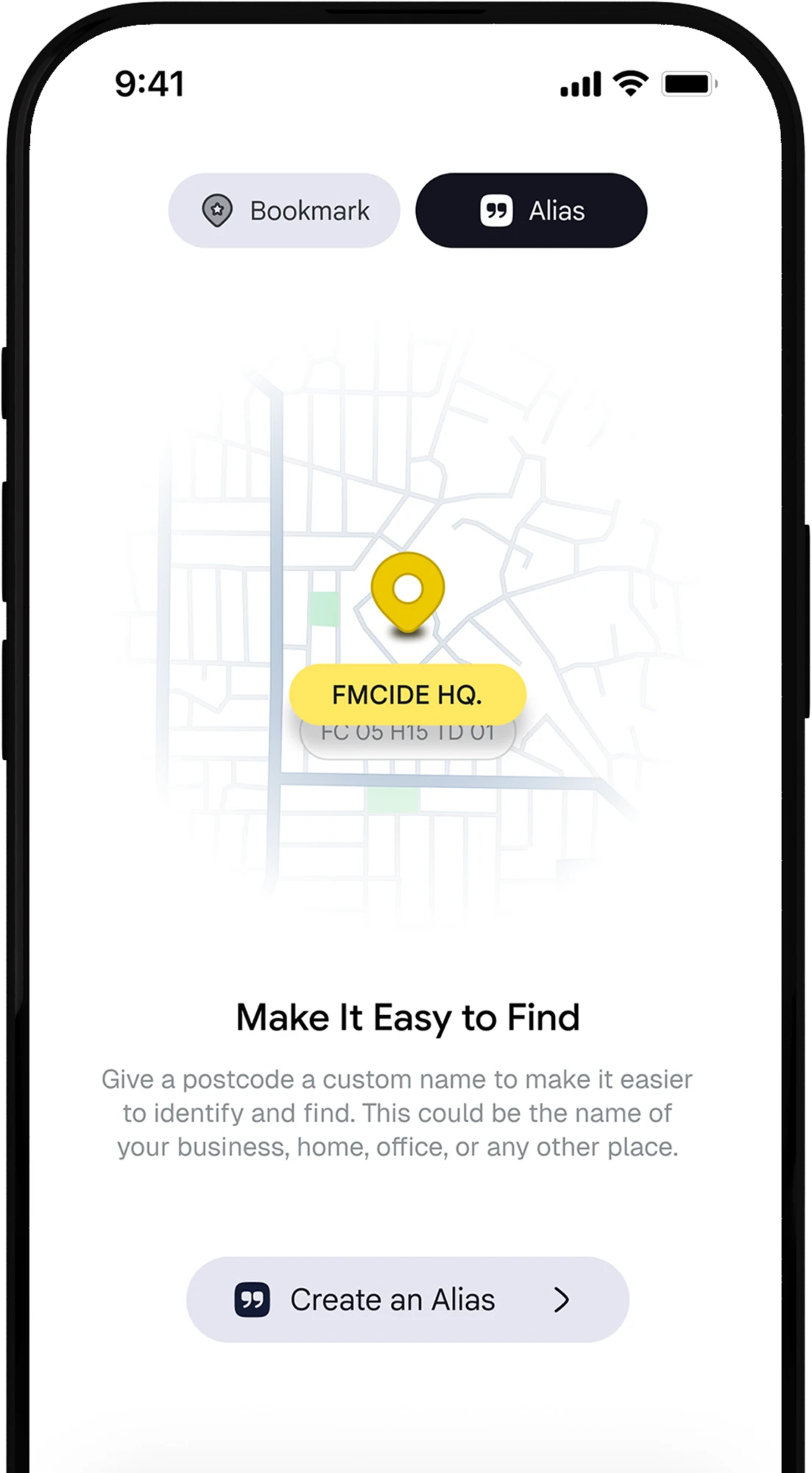 NIPOST Postcode app showing the Create an Alias screen